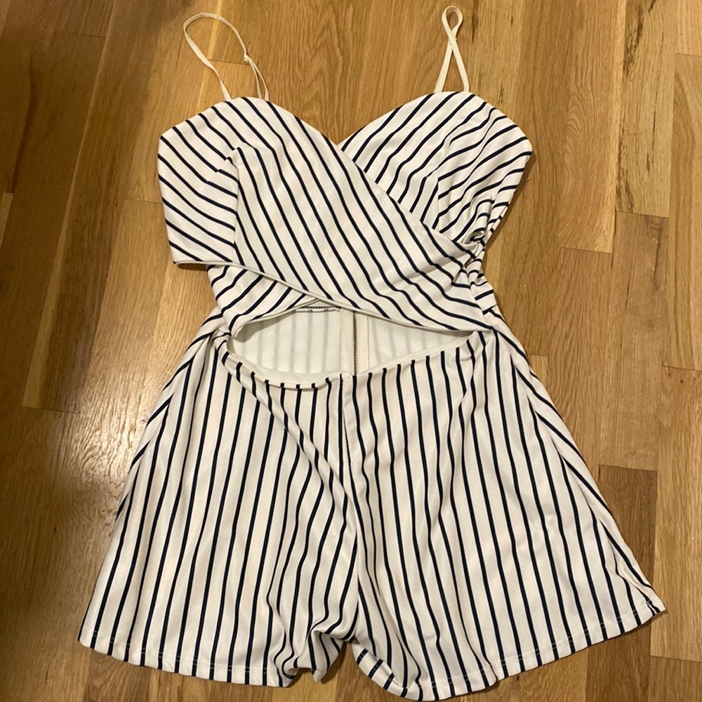Navy and White Striped Cut Out Romper
